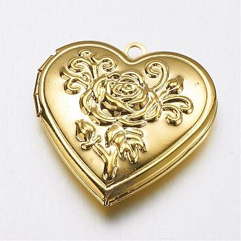 Brass Locket Pendants, Heart with Rose, Golden, 29x29x7.5mm, Hole: 2mm