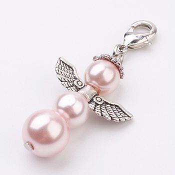 Alloy Pendants, with Brass Lobster Claw Clasps and Glass Pearl, Angel, Antique Silver, Pink, 47mm