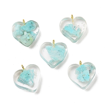 Transparent Resin Natural Chrysocolla Jasper Dyed Chips Pendants, with Golden Tone Brass Loops, Heart Charm, Turquoise, 16.5x15.5x6~6.5mm, Hole: 2mm