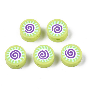 Handmade Polymer Clay Beads, for DIY Jewelry Crafts Supplies, Flat Round with Sun, Yellow Green, 9.5x4.5~5mm, Hole: 1.6mm