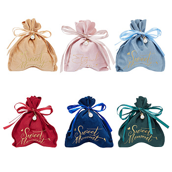 6 Sets 6 Colors Velvet Jewelry Drawstring Gift Bags, Wedding Favor Candy Bags, with Iron Findings and Plastic Imitation Pearl Pendants, Gold Stamping Word Sweet Moment, Mixed Color, 17.5x13.8cm, 1 set/color