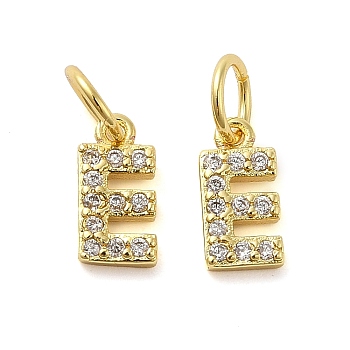 Brass Micro Pave Cubic Zirconia Pendants, with Jump Ring, Letter E, 8~9x4.5~9.5x1.5mm, Hole: 3.6mm