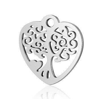201 Stainless Steel Pendants, Heart with Tree, Stainless Steel Color, 15.5x15.5x1mm, Hole: 1.8mm