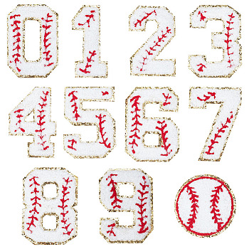 11Pcs Number 0~9 & Flat Tennis Shaped Towel Embroidery Style Cotton Iron on/Sew on Patches, Appliques, Badges, for Clothes, Dress, Hat, Jeans, Mixed Color, 63~72x32~63X2.5mm