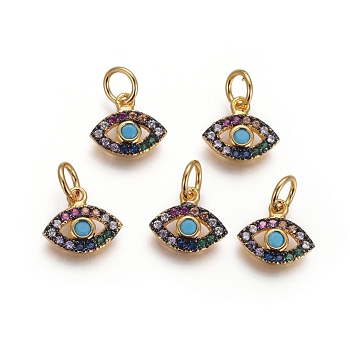 Brass Charms, with Micro Pave Cubic Zirconia and Jump Rings, Evil Eye, Colorful, Gunmetal & Golden, 9x10x2mm, Hole: 3.5mm