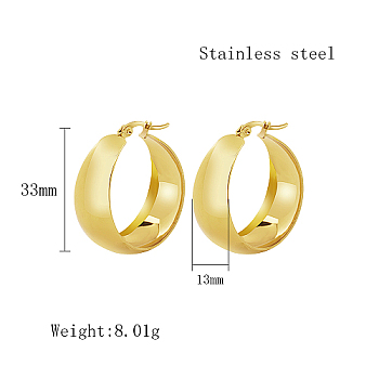 Stainless Steel Hoop Earrings for Women, Real 18K Gold Plated, Thick Hoop Earrings, Ring, 33x13mm