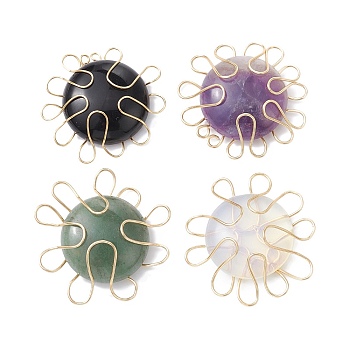 Natural Mixed Gemstone Copper Wire Wrapped Pendants, Flat Round Charms, Golden, 37~37.5x10mm, Hole: 4.2~4.5mm