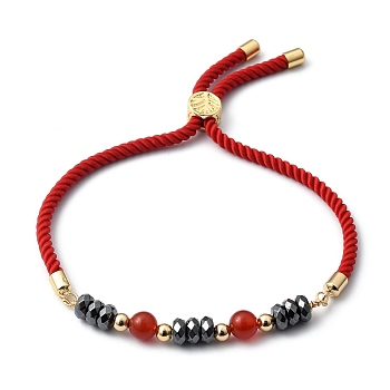 Adjustable Slider Bracelets, Nylon Cord Bracelets, with Natural Carnelian(Dyed & Heated) Beads, Non-Magnetic Synthetic Hematite Beads and Brass Beads, Golden, Inner Diameter: 3/4 inch~3-1/8 inch(2~8cm)