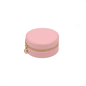 PU Leather Jewelry Box, with Foam Mat, Flat Round, Pink, 10.05x4.85cm