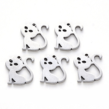 304 Stainless Steel Charms, Laser Cut, Cat Shape, Stainless Steel Color, 14.5x12.5x1mm, Hole: 1.2mm