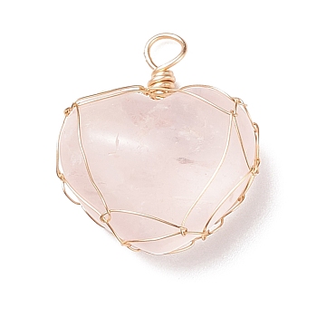 Natural Rose Quartz Pendants, with Real 18K Gold Plated Copper Wire Wrapped, Heart, 27.5x23.5x11mm, Hole: 3.8mm