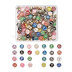 104Pcs 26 Colors Alloy Enamel Beads, Cadmium Free & Nickel Free & Lead Free, Flat Round with Initial Letters, Light Gold, Mixed Color, 8x4mm, Hole: 1.5mm, 4pcs/color(ENAM-YW0001-75)