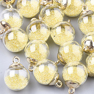 Glass Ball Pendants, with Micro Beads and CCB Plastic Findings, Round, Champagne Yellow, 21x15.5~16mm, Hole: 2mm(GLAA-T003-03H)