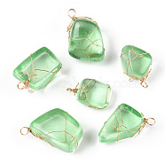 Glass Pendants, with Golden Plated Brass Findings, Nuggets Charms, Pale Green, 32~35x14.5~19x13.5~20mm, Hole: 5mm(KK-F868-18G-02)