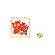 Chinese Style Alloy Enamel Pins, Square with Dragon Stamp Brooch, Red, 28x28mm(PW-WG70526-01)