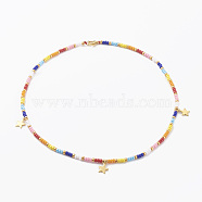 304 Stainless Steel Star Pendant Necklaces, with Round Glass Seed Beads, Golden, Colorful, 16.54 inch(42cm)(NJEW-JN03444)