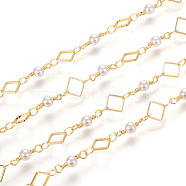3.28 Feet Brass Handmade Beaded Chain, with Round Glass Beads, Long-Lasting Plated, Soldered, Rhombus, Real 18K Gold Plated, Link: 4x2x0.3mm, Rhombus: 8x8x1mm, Round: 13x4mm(X-CHC-I031-02G)