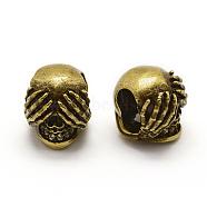 Brass Micro Pave Grade AAA Cubic Zirconia Beads, Cadmium Free & Nickel Free & Lead Free, Skull, Antique Golden Plated, 10x9.5x10mm, Hole: 3x6mm(ZIRC-G100-56AG-NR)