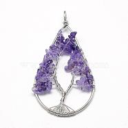 Natural Chip Amethyst Big Pendants, with Brass Wires, Teardrop & Tree, Platinum, 78~81x40~43x5~10mm, Hole: 4.5mm(G-R437-P03)