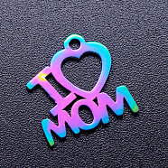 Mother's Day Ion Plating(IP) 201 Stainless Steel Charms, Phrase I Love Mom, Rainbow Color, 13.5x13x1mm, Hole: 1.5mm(STAS-Q201-JN173)