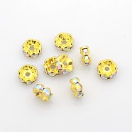 Brass Rhinestone Spacer Beads, Grade A, Rondelle, Golden and Nickel Free, AB Color, Clear AB about 8mm in diameter, 3.8mm thick, hole: 1.5mm(X-RSB030NF-02G)