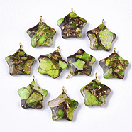 Assembled Synthetic Imperial Jasper and Bronzite Pendants, with Golden Tone Iron Loop, Dyed, Star, Green Yellow, 23~24x21x5mm, Hole: 2mm(G-S366-002G)