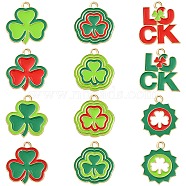 12Pcs 12 Styles Saint Patrick's Day Alloy Enamel Pendants, Light Gold, Clover & Word Luck Charm, Mixed Color, 22~19x20.5x1~1.5mm, Hole: 2mm, 1pc/style(ENAM-FS0001-66)