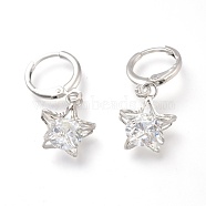 Brass Huggie Hoop Earrings, with Clear Cubic Zirconia, Star, Platinum, 27mm, Pin: 0.8mm(EJEW-Z003-01P)