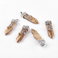 Natural Picture Jasper Big Pendants, with Alloy Findings, Arrow, Platinum, 56~58x16x10mm, Hole: 5x7mm(G-G718-A07)