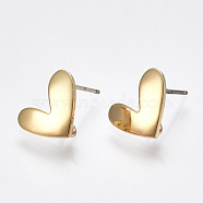 Brass Stud Earring Findings, with Loop, Raw(Unplated) Silver Pins, Heart, Real 18K Gold Plated, 9.5x11.5mm, Hole: 2mm, Pin: 0.6mm(KK-S348-221)