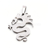 Men's 304 Stainless Steel Rhinestone Dragon Pendants, Stainless Steel Color, 40.5x32x2.5mm, Hole: 4x11mm(STAS-E090-42P)