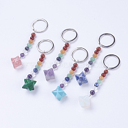 Natural/Synthetic Gemstone Chakra Keychain, with Mixed Stone and Platinum Plated Brass Key Findings, Bola, 96~98mm, Ring: 24x2mm, Bead: 6~7mm, Pendant: 23~25x18~21mm(KEYC-P040-F)