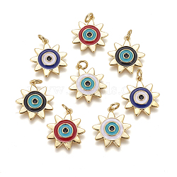 Brass Enamel Pendants, Sun with Evil Eye, Golden, Mixed Color, 19x17x2mm, Hole: 2mm(KK-L185-03G)