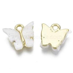 Alloy Pendants, with Resin and Glitter Powder, Cadmium Free & Lead Free, Butterfly, Golden, Floral White, 13x13~15x3.5mm, Hole: 2mm(RESI-S385-004D)