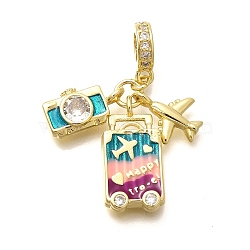 Brass Enamel Airplane & Luggage & Camera European Dangle Charms, Large Hole Pendants with Clear Cubic Zirconia, Real 18K Gold Plated, Cadmium Free & Lead Free, Colorful, 33mm, Hole: 4.5mm(KK-M309-18G-03)