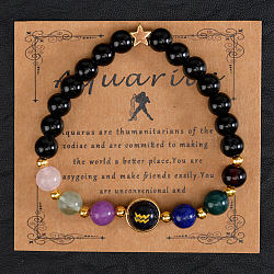 12 Zodiac Sign Natural Black Obsidian Round Beads Stretch Bracelets for Men Women, with Blue sandstone & Glass, Aquarius, Inner Diameter: 2-3/8 inch(6cm)(WG228FC-12)