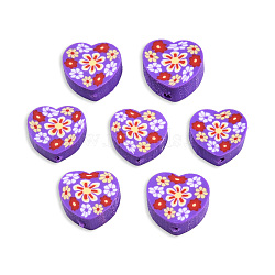Handmade Polymer Clay Beads, Heart with Flower, Dark Violet, 9x10x4.5mm, Hole: 1.2mm(CLAY-T019-13F)