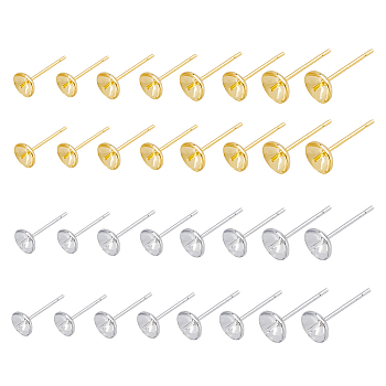 32Pcs 8 Style Rack Plating Brass Stud Earring Findings, with 925 Silver Pin, for Half Drilled Beads, Long-Lasting Plated, Cadmium Free & Lead Free, Platinum & Golden, 14x3~6mm, Pin: 0.7mm, 4pcs/style