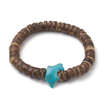 Natural Coconut Rondelle Beaded Stretch Bracelets, Synthetic Turquoise Dolphin Bead Stretch Bracelets for Women Men, 1/4 inch(0.8cm), Inner Diameter: 2-1/8 inch(5.5cm)