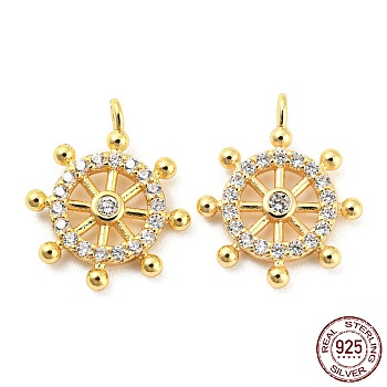 925 Sterling Silver Micro Pave Cubic Zirconia Charms, Rudder, Real 18K Gold Plated, 13.5x10.5x1.5mm, Hole: 1.2mm