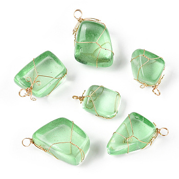Glass Pendants, with Golden Plated Brass Findings, Nuggets Charms, Pale Green, 32~35x14.5~19x13.5~20mm, Hole: 5mm