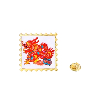 Chinese Style Alloy Enamel Pins, Square with Dragon Stamp Brooch, Red, 28x28mm