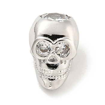 Brass Micro Pave Clear Cubic Zirconia Beads, Skull, Platinum, 8.5x8.5x9mm, Hole: 2mm