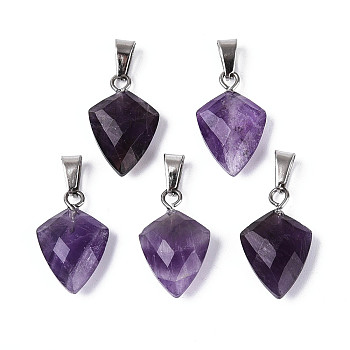 Natural Amethyst Pendants, Faceted Arrow Charms, with Stainless Steel Snap on Bails, Stainless Steel Color, 17~19x10.5~11.5x5~6mm, Hole: 5.5x3mm
