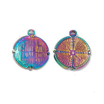 Ion Plating(IP) 304 Stainless Steel Pendants, Flat Round Charms, Textured, Rainbow Color, 23.5x21x3mm, Hole: 1.5mm