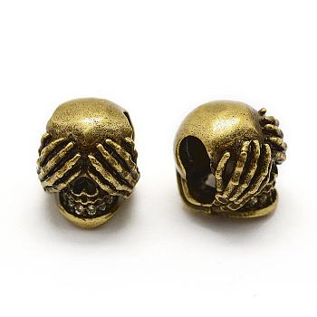 Brass Micro Pave Grade AAA Cubic Zirconia Beads, Cadmium Free & Nickel Free & Lead Free, Skull, Antique Golden Plated, 10x9.5x10mm, Hole: 3x6mm