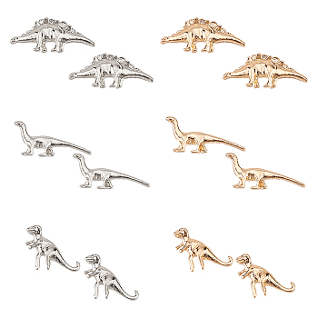 6Pcs 6 Style Tyrannosaurus & Stegosaurus & Brontosaurus Alloy Stud Earrings for Women, Platinum & Light Gold, 7.5~10x11.5~18mm, Pin: 0.7mm, 1 Pair/style