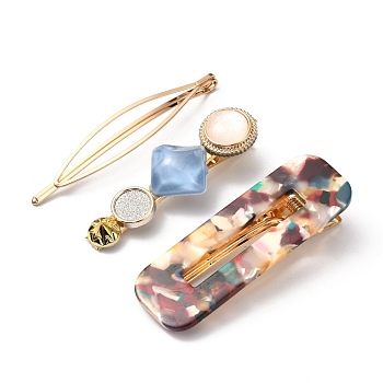 Iron Alligator Hair Clips Sets, with Cellulose Acetate(Resin), Rectangle & Flat Round and Rhombus, Golden, 60.5~70x12~23x4.5~15mm, 3pcs/set