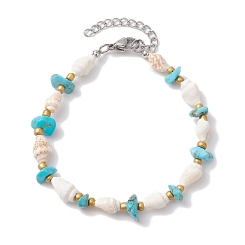 Summer Beach Synthetic Turquoise Chip & Shell Beaded Bracelets for Women, 7-3/8 inch(18.7cm)