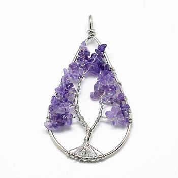 Natural Chip Amethyst Big Pendants, with Brass Wires, Teardrop & Tree, Platinum, 78~81x40~43x5~10mm, Hole: 4.5mm